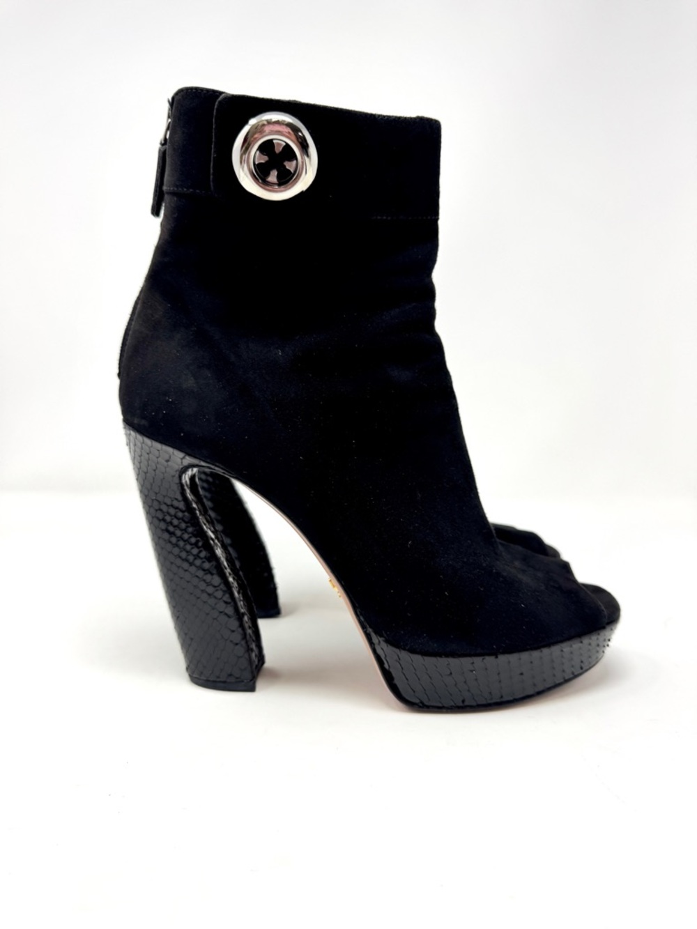 Prada Black Suede Peep-Toe Platform Booties with Snake-Embossed Heel